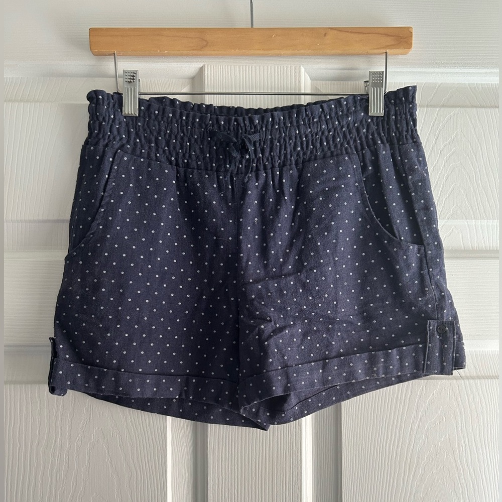 Blue and white polka dot linen shorts